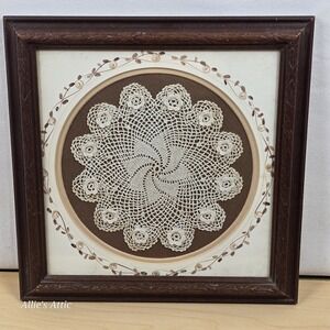 Vintage Framed Doily Wooden Square Brown White Beige Floral Lace Cottage Decor